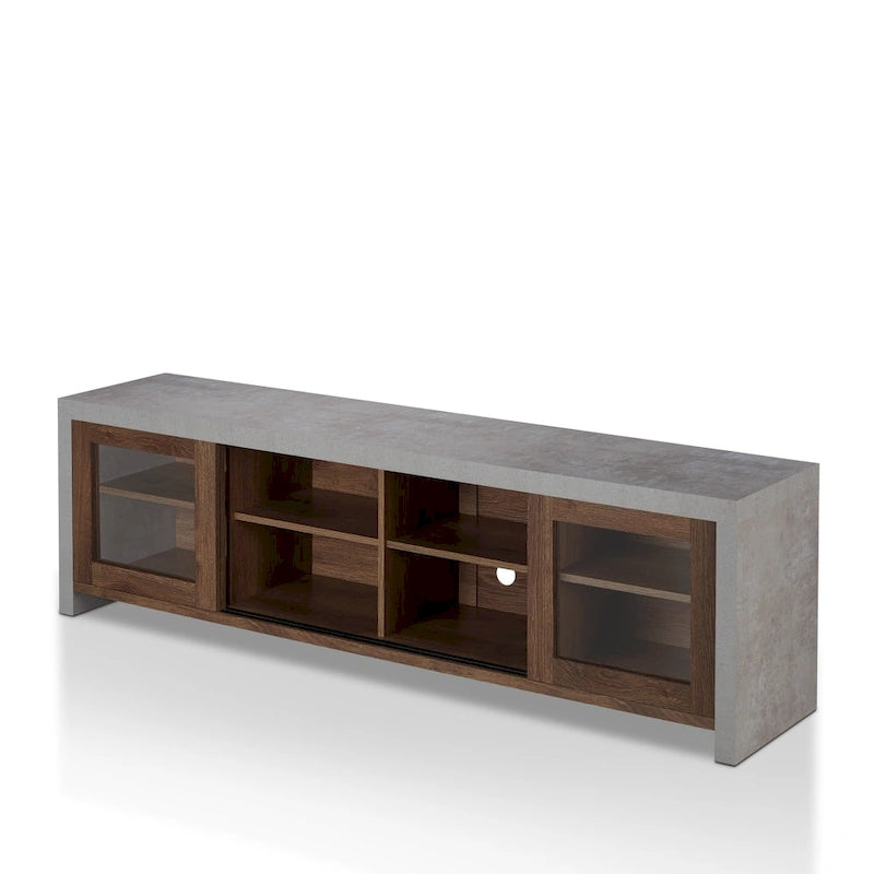 Meuble TV moderne industriel de 70 pouces, placard de rangement avec portes coulissantes en verre, noyer noir