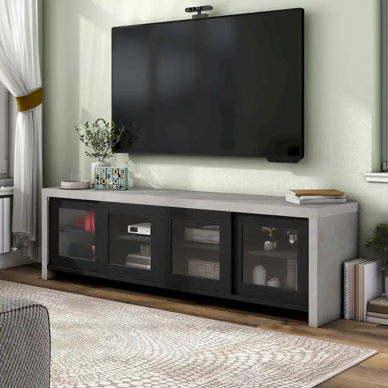 Meuble TV moderne industriel de 70 pouces, placard de rangement avec portes coulissantes en verre, noyer noir