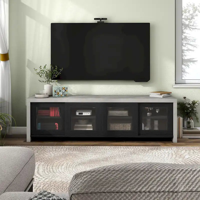 Meuble TV moderne industriel de 70 pouces, placard de rangement avec portes coulissantes en verre, noyer noir