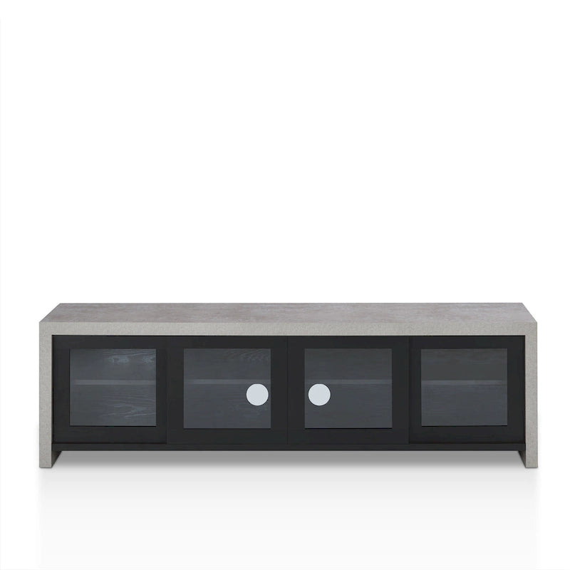 Meuble TV moderne industriel de 70 pouces, placard de rangement avec portes coulissantes en verre, noyer noir