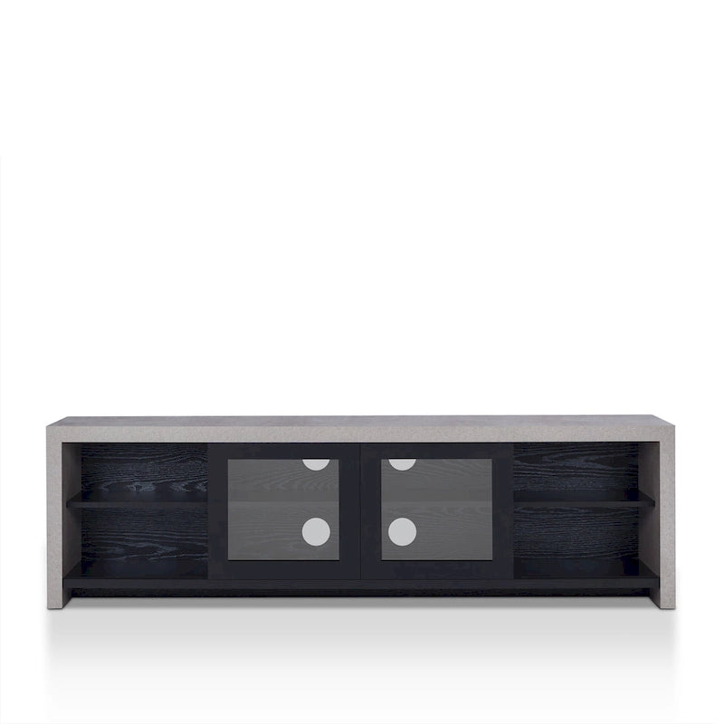 Meuble TV moderne industriel de 70 pouces, placard de rangement avec portes coulissantes en verre, noyer noir