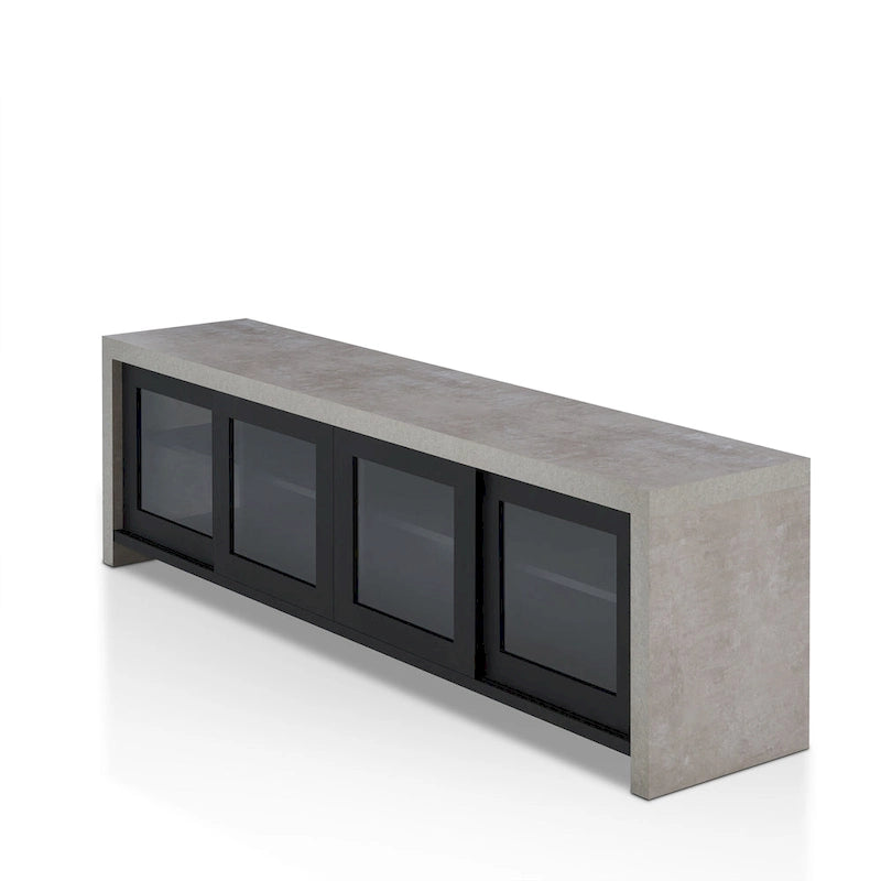 Meuble TV moderne industriel de 70 pouces, placard de rangement avec portes coulissantes en verre, noyer noir