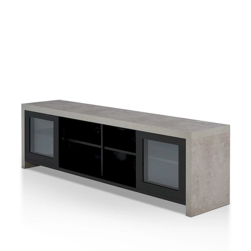 Meuble TV moderne industriel de 70 pouces, placard de rangement avec portes coulissantes en verre, noyer noir