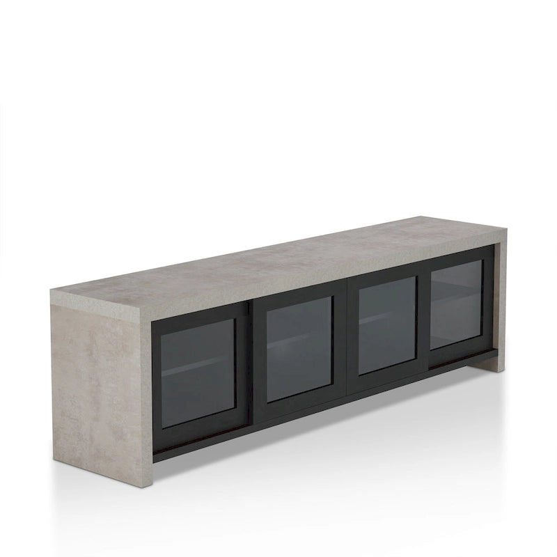 Meuble TV moderne industriel de 70 pouces, placard de rangement avec portes coulissantes en verre, noyer noir