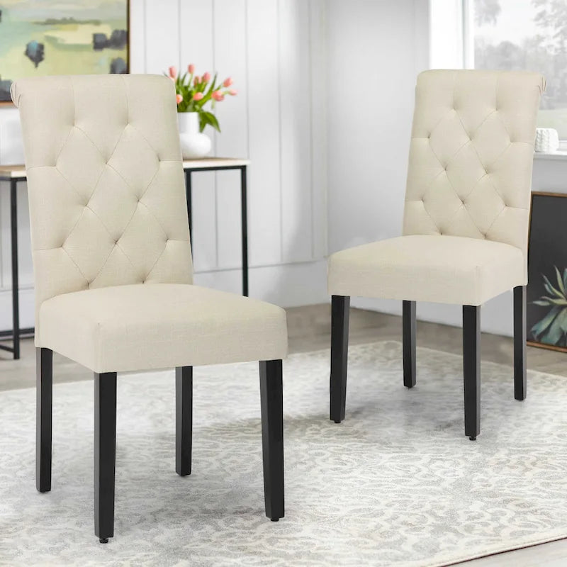Chaise de salle à manger Parsons rembourrée à dossier haut capitonné Pieds noirs Gris beige
