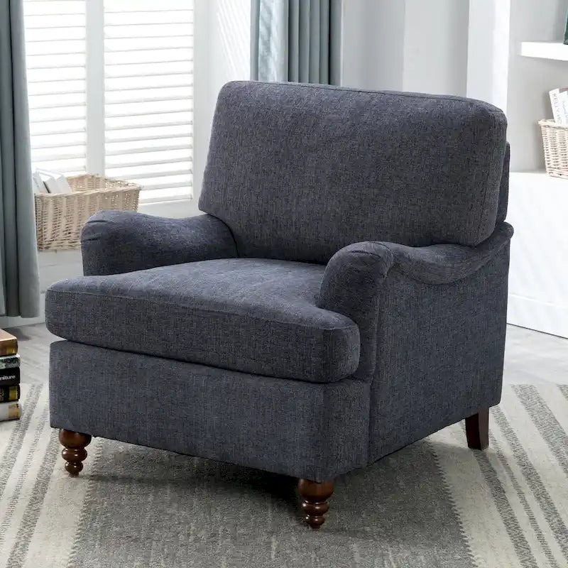 Fauteuil d'appoint avec accoudoirs roulés, tapissé en polyester, pieds tournés en noyer, avoine, marine