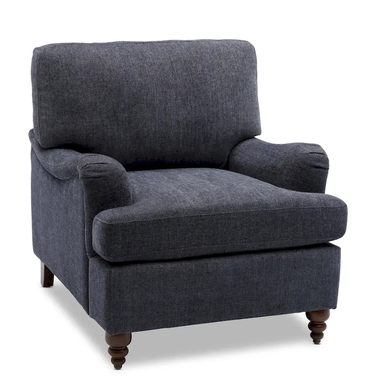 Fauteuil d'appoint avec accoudoirs roulés, tapissé en polyester, pieds tournés en noyer, avoine, marine