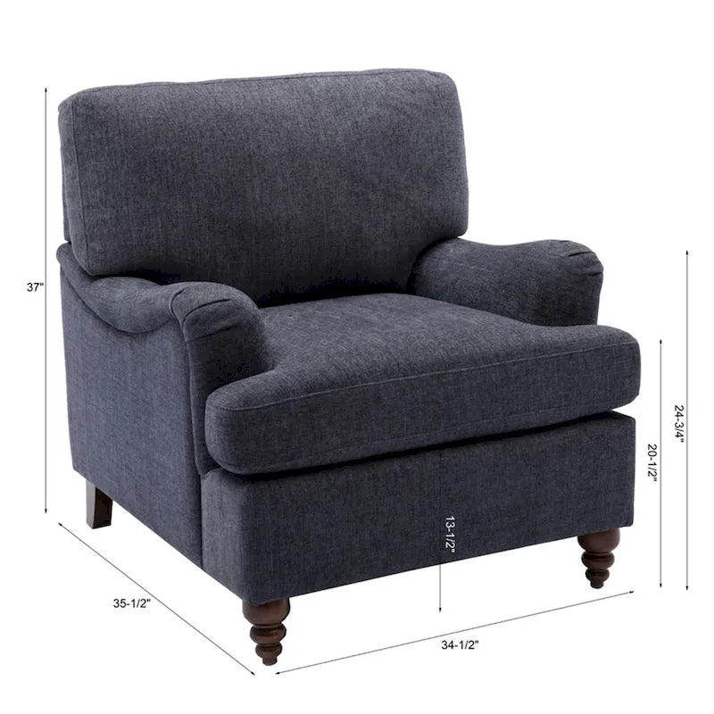 Fauteuil d'appoint avec accoudoirs roulés, tapissé en polyester, pieds tournés en noyer, avoine, marine