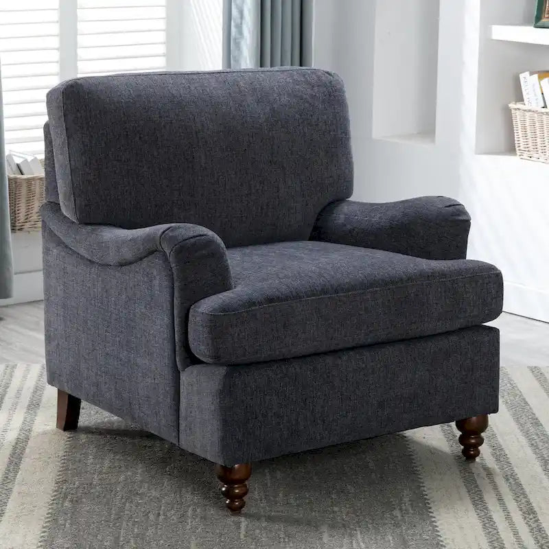 Fauteuil d'appoint avec accoudoirs roulés, tapissé en polyester, pieds tournés en noyer, avoine, marine