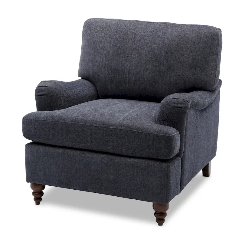 Fauteuil d'appoint avec accoudoirs roulés, tapissé en polyester, pieds tournés en noyer, avoine, marine