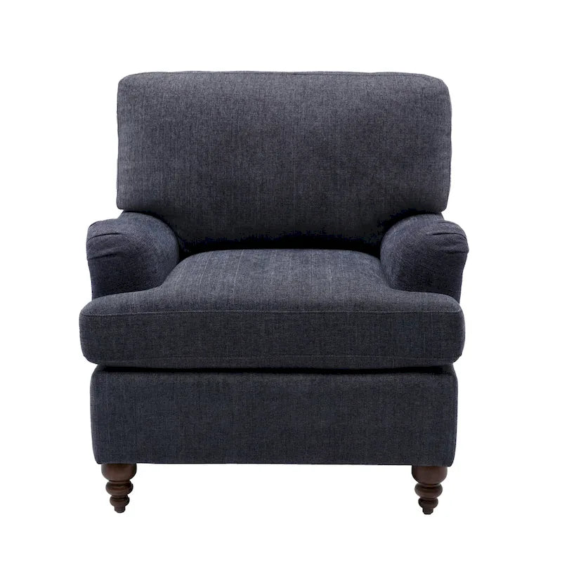 Fauteuil d'appoint avec accoudoirs roulés, tapissé en polyester, pieds tournés en noyer, avoine, marine