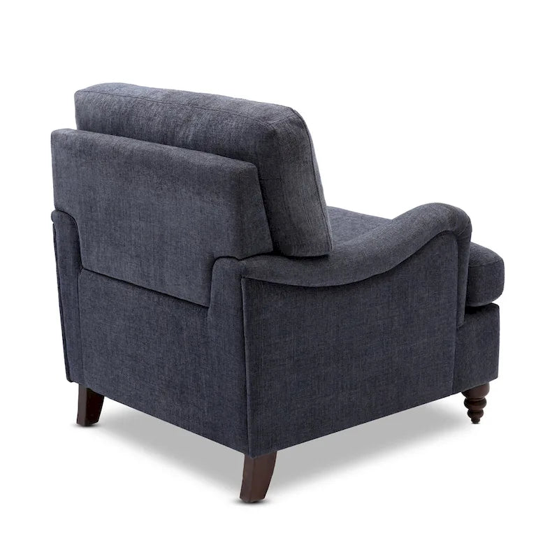 Fauteuil d'appoint avec accoudoirs roulés, tapissé en polyester, pieds tournés en noyer, avoine, marine