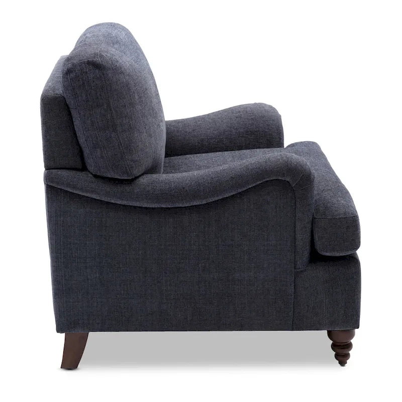 Fauteuil d'appoint avec accoudoirs roulés, tapissé en polyester, pieds tournés en noyer, avoine, marine