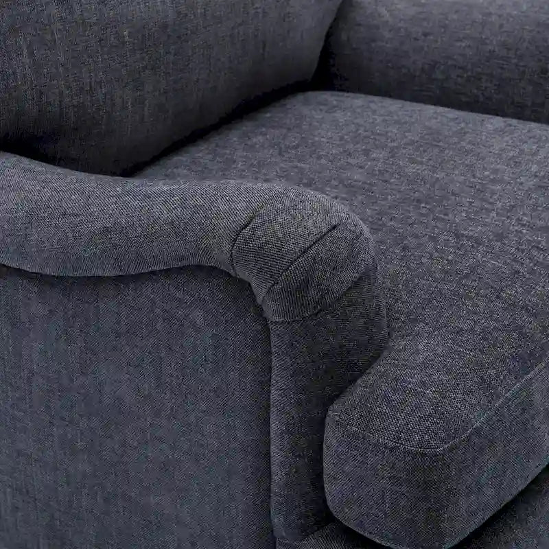 Fauteuil d'appoint avec accoudoirs roulés, tapissé en polyester, pieds tournés en noyer, avoine, marine