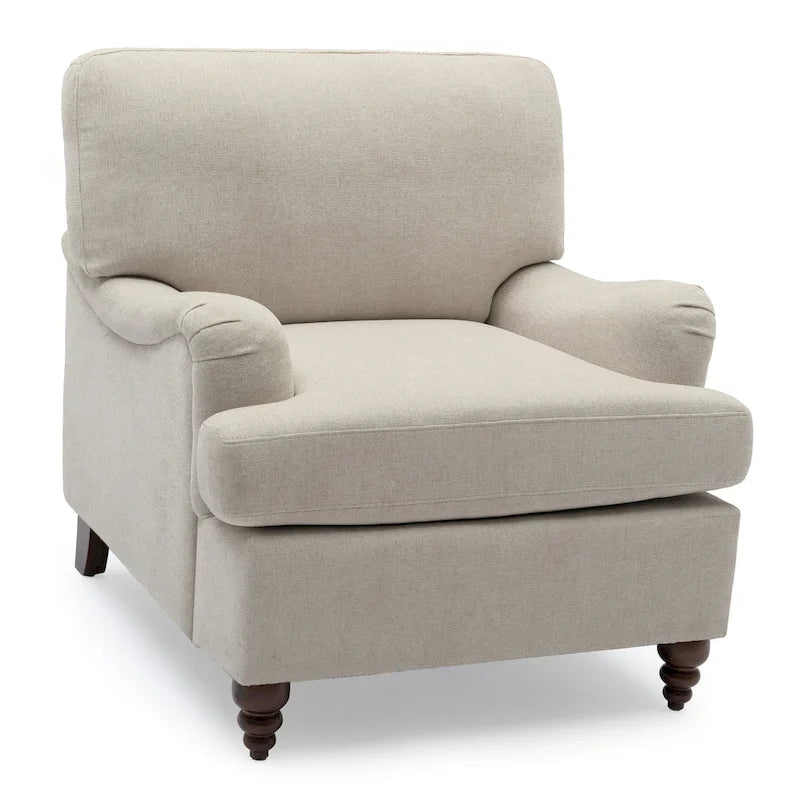 Fauteuil d'appoint avec accoudoirs roulés, tapissé en polyester, pieds tournés en noyer, avoine, marine