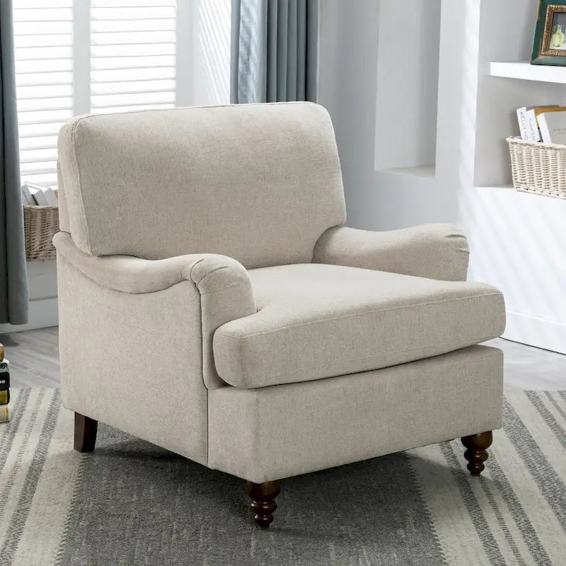Fauteuil d'appoint avec accoudoirs roulés, tapissé en polyester, pieds tournés en noyer, avoine, marine