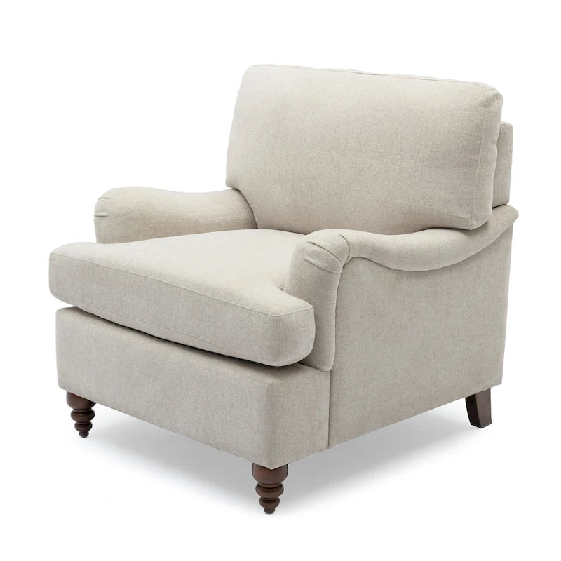 Fauteuil d'appoint avec accoudoirs roulés, tapissé en polyester, pieds tournés en noyer, avoine, marine