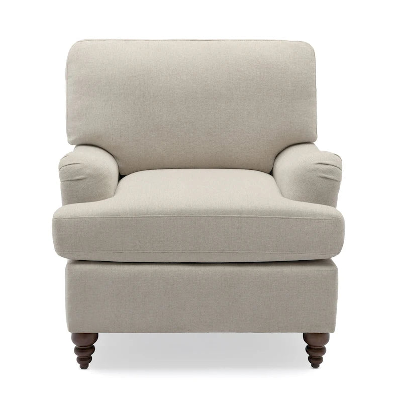 Fauteuil d'appoint avec accoudoirs roulés, tapissé en polyester, pieds tournés en noyer, avoine, marine