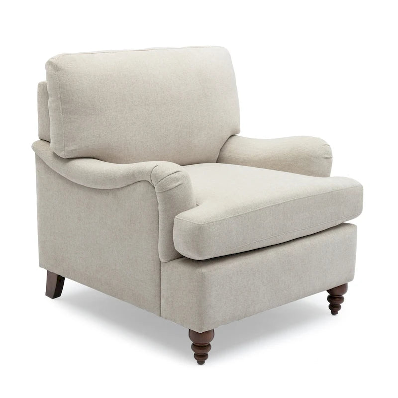 Fauteuil d'appoint avec accoudoirs roulés, tapissé en polyester, pieds tournés en noyer, avoine, marine