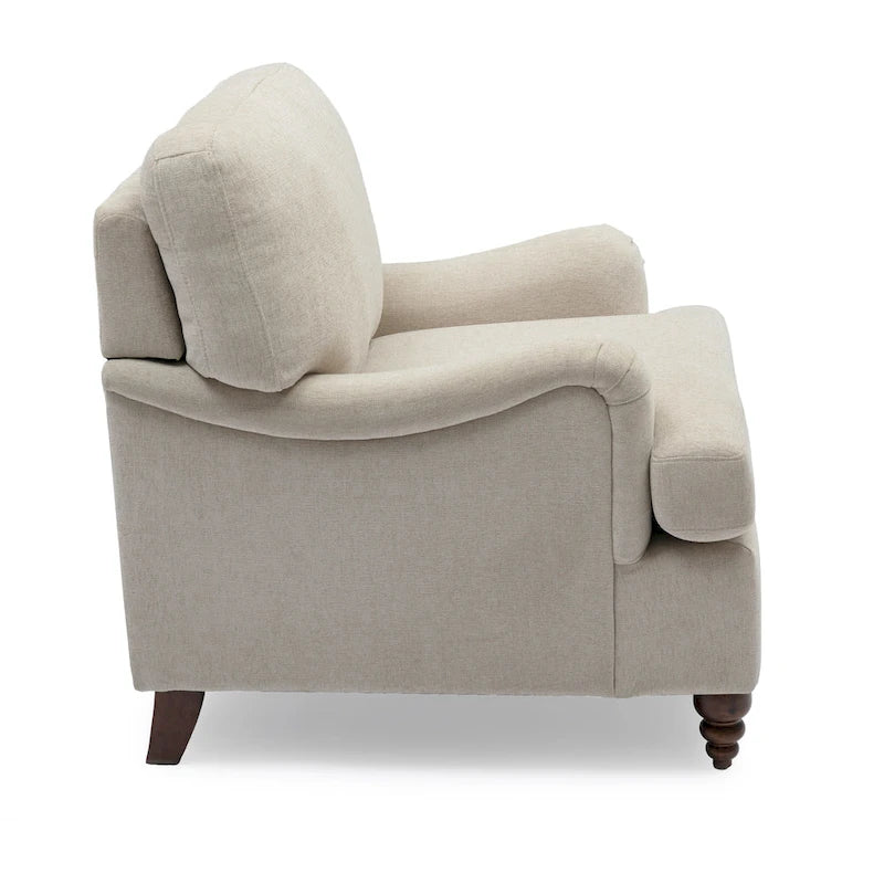 Fauteuil d'appoint avec accoudoirs roulés, tapissé en polyester, pieds tournés en noyer, avoine, marine