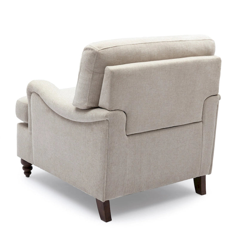 Fauteuil d'appoint avec accoudoirs roulés, tapissé en polyester, pieds tournés en noyer, avoine, marine