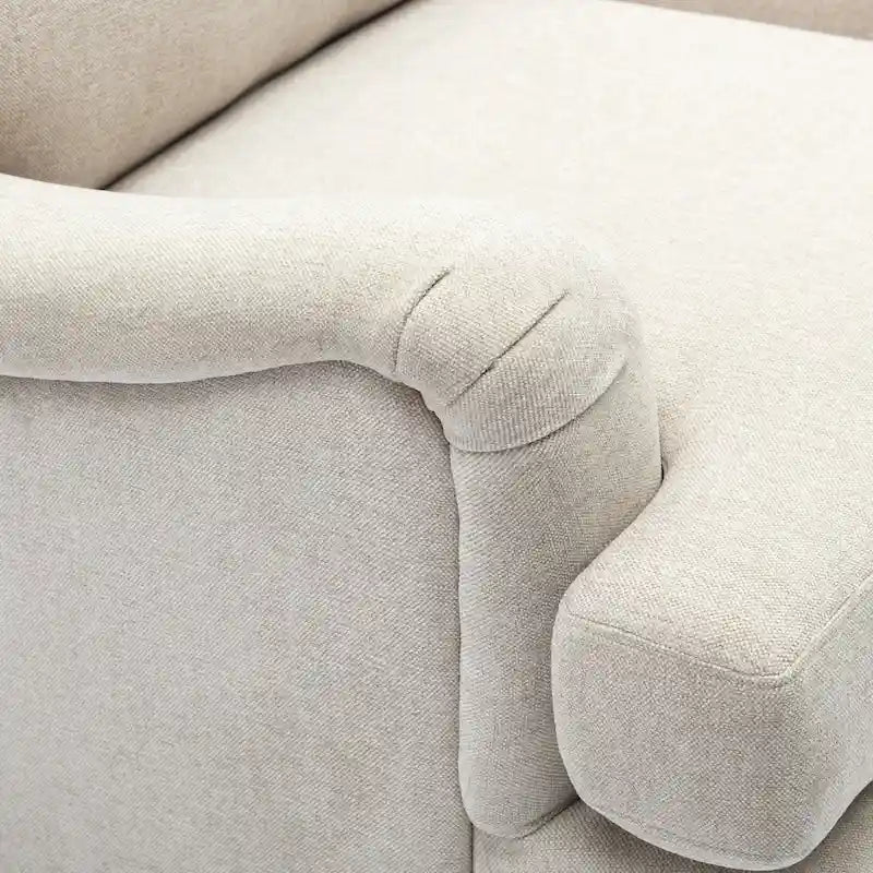 Fauteuil d'appoint avec accoudoirs roulés, tapissé en polyester, pieds tournés en noyer, avoine, marine