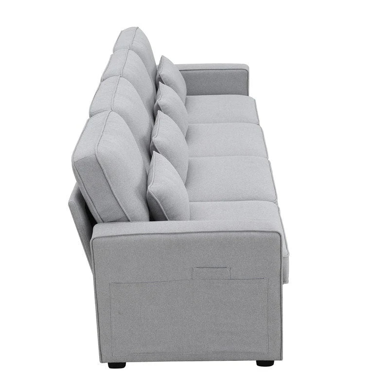 Canapé 4 places en tissu de lin rembourré avec poches accoudoirs et oreillers, gris clair