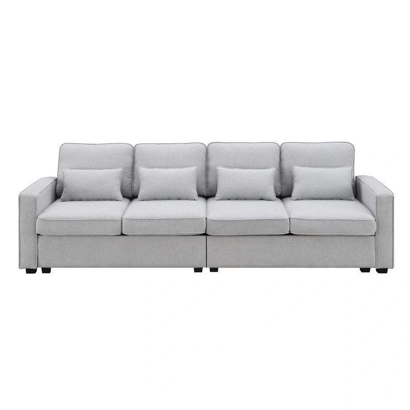 Canapé 4 places en tissu de lin rembourré avec poches accoudoirs et oreillers, gris clair
