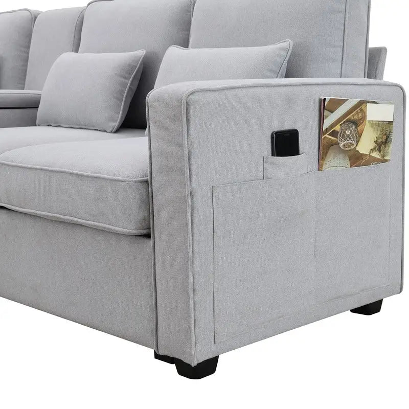 Canapé 4 places en tissu de lin rembourré avec poches accoudoirs et oreillers, gris clair