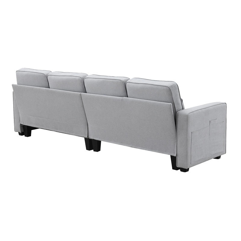 Canapé 4 places en tissu de lin rembourré avec poches accoudoirs et oreillers, gris clair