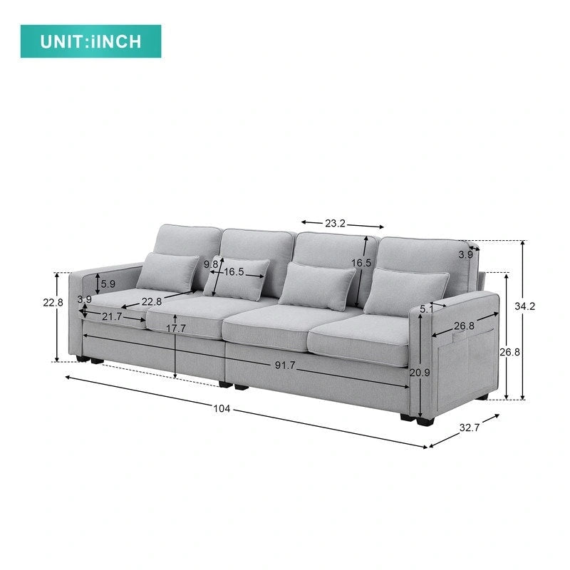 Canapé 4 places en tissu de lin rembourré avec poches accoudoirs et oreillers, gris clair