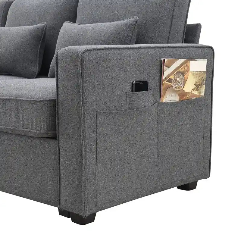 Canapé 4 places en tissu de lin rembourré avec poches accoudoirs et oreillers, gris clair