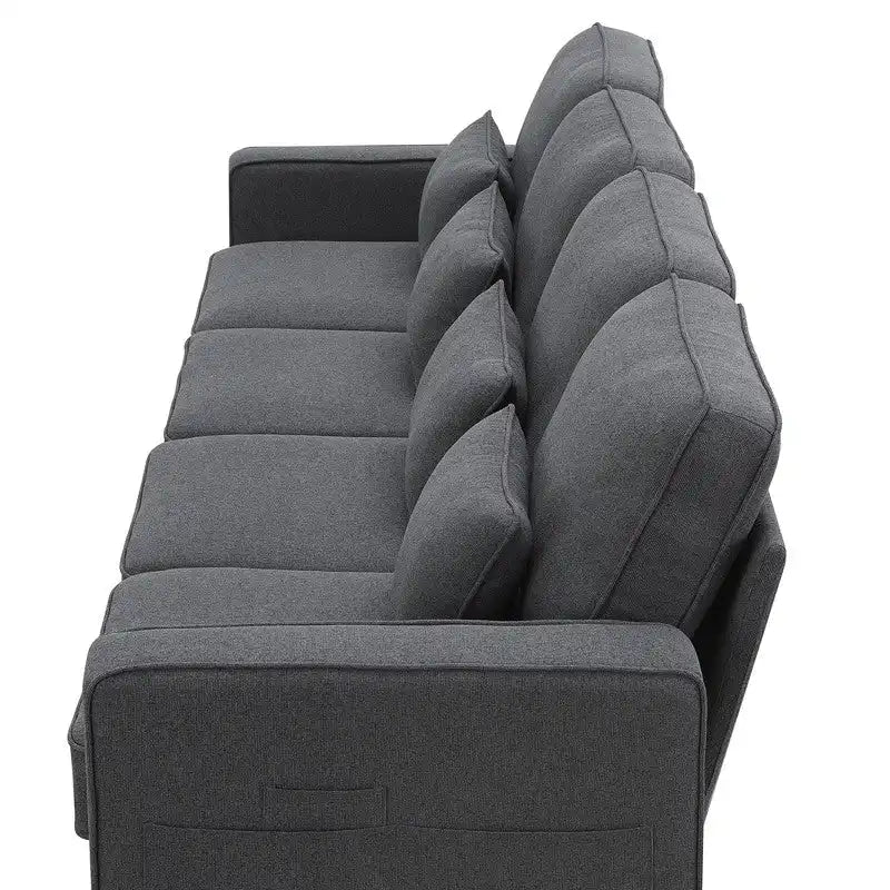 Canapé 4 places en tissu de lin rembourré avec poches accoudoirs et oreillers, gris clair