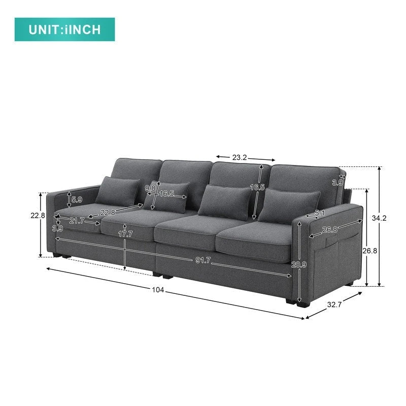 Canapé 4 places en tissu de lin rembourré avec poches accoudoirs et oreillers, gris clair