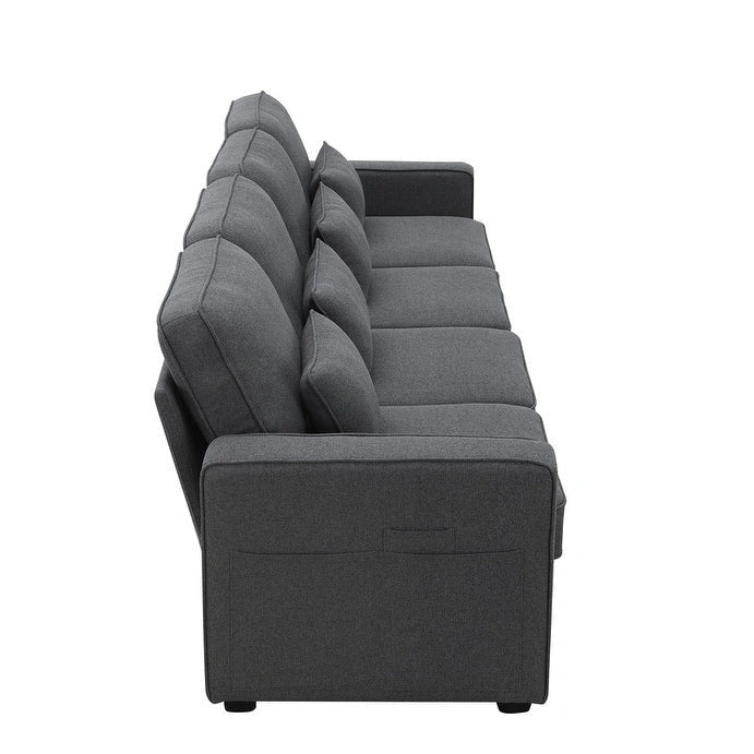 Canapé 4 places en tissu de lin rembourré avec poches accoudoirs et oreillers, gris clair