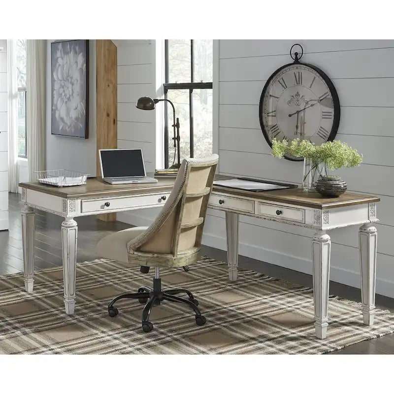 Bureau d'écriture Cottage blanc antique marron avec tiroirs en bois vieilli