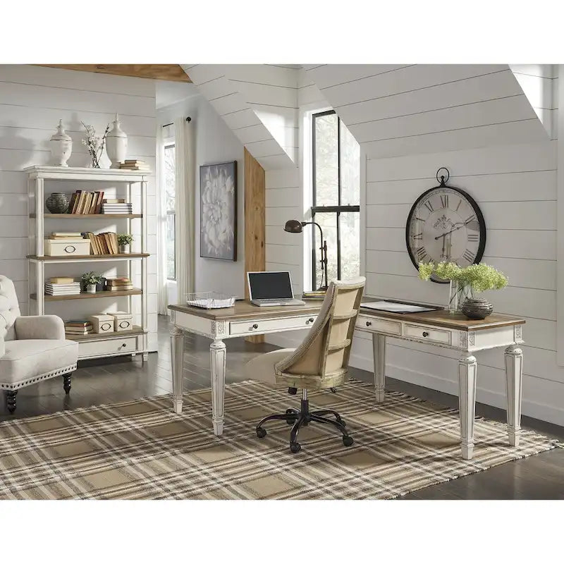Bureau d'écriture Cottage blanc antique marron avec tiroirs en bois vieilli