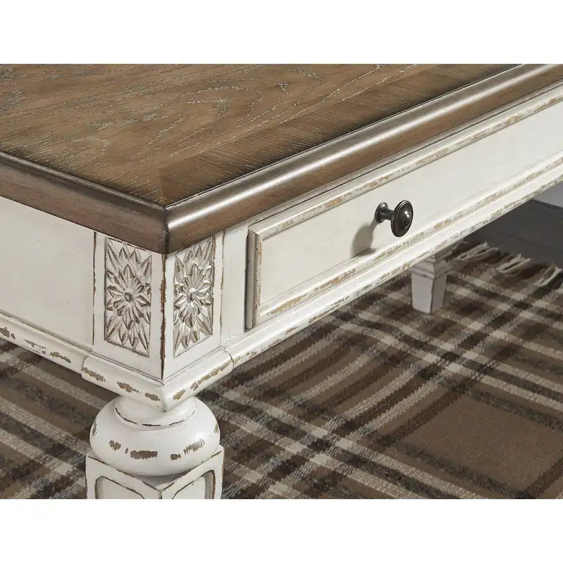 Bureau d'écriture Cottage blanc antique marron avec tiroirs en bois vieilli