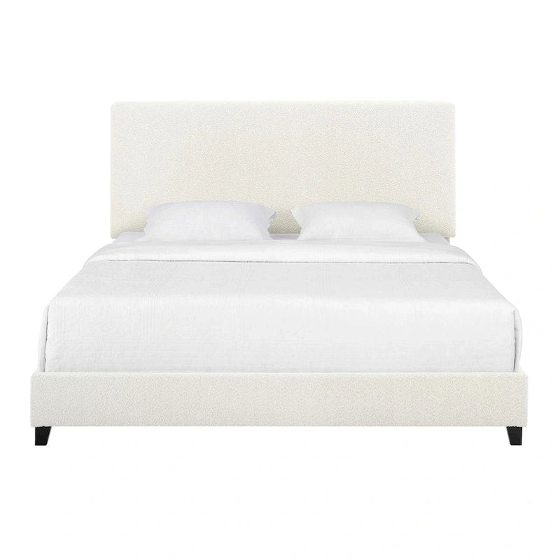 Lit plateforme avec tête de lit capitonnée en bouclette blanche haute