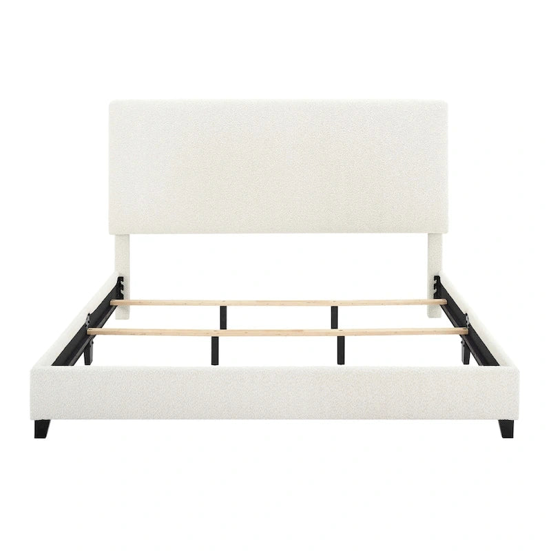Lit plateforme avec tête de lit capitonnée en bouclette blanche haute