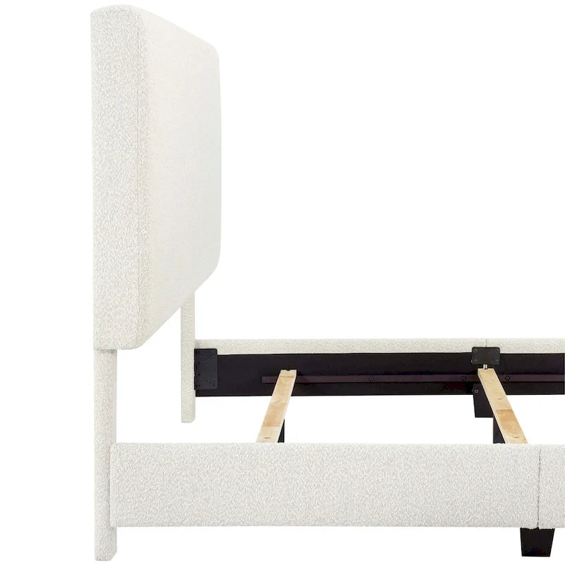 Lit plateforme avec tête de lit capitonnée en bouclette blanche haute