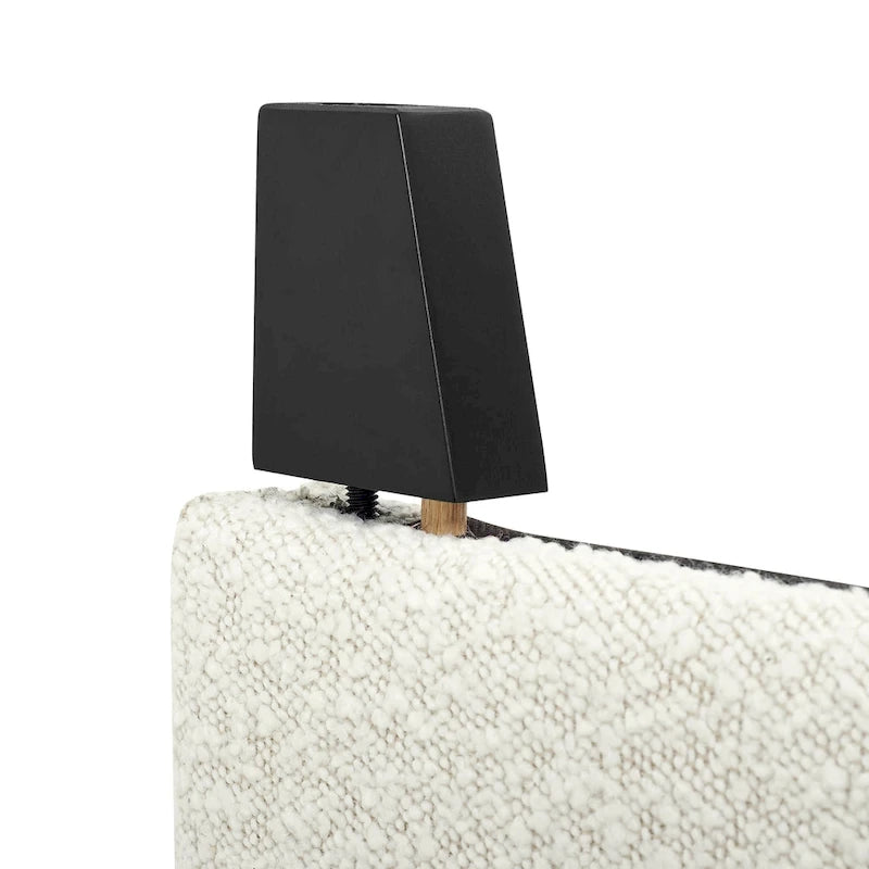 Lit plateforme avec tête de lit capitonnée en bouclette blanche haute