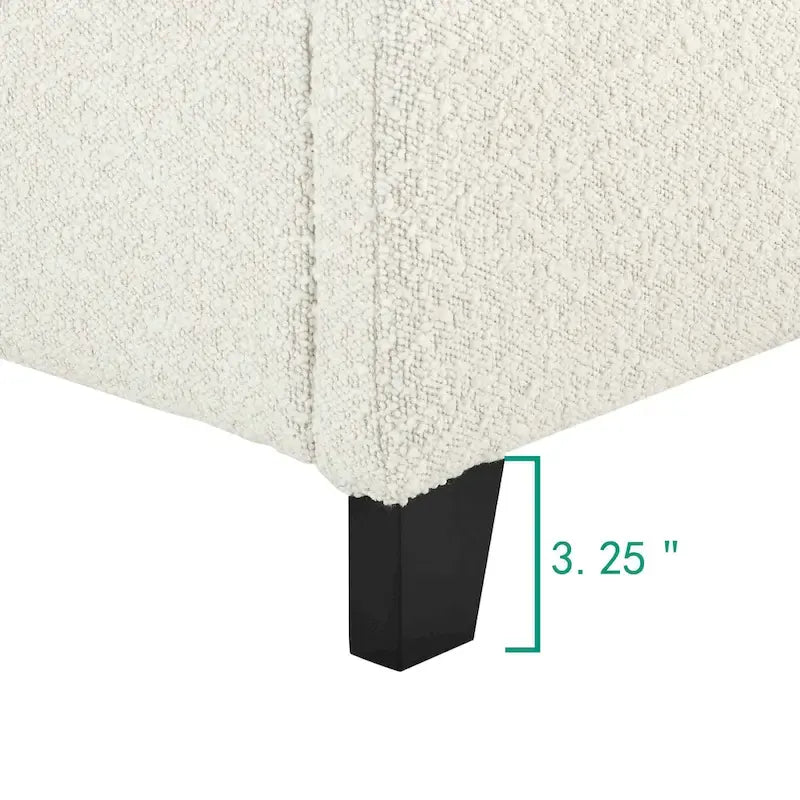 Lit plateforme avec tête de lit capitonnée en bouclette blanche haute