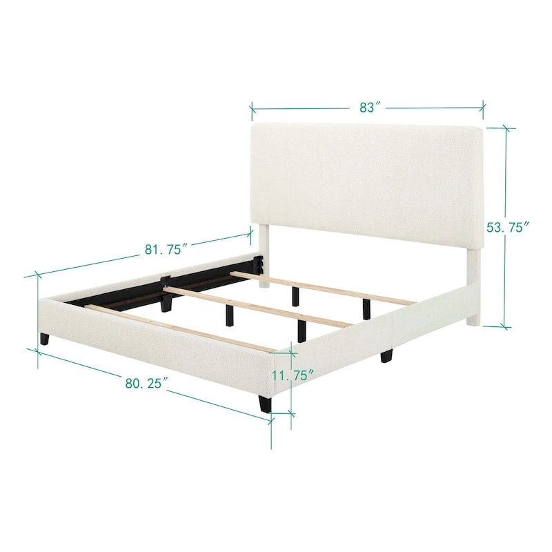Lit plateforme avec tête de lit capitonnée en bouclette blanche haute