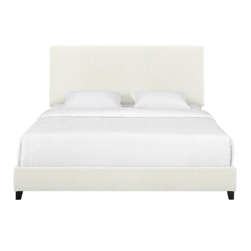 Lit plateforme avec tête de lit capitonnée en bouclette blanche haute