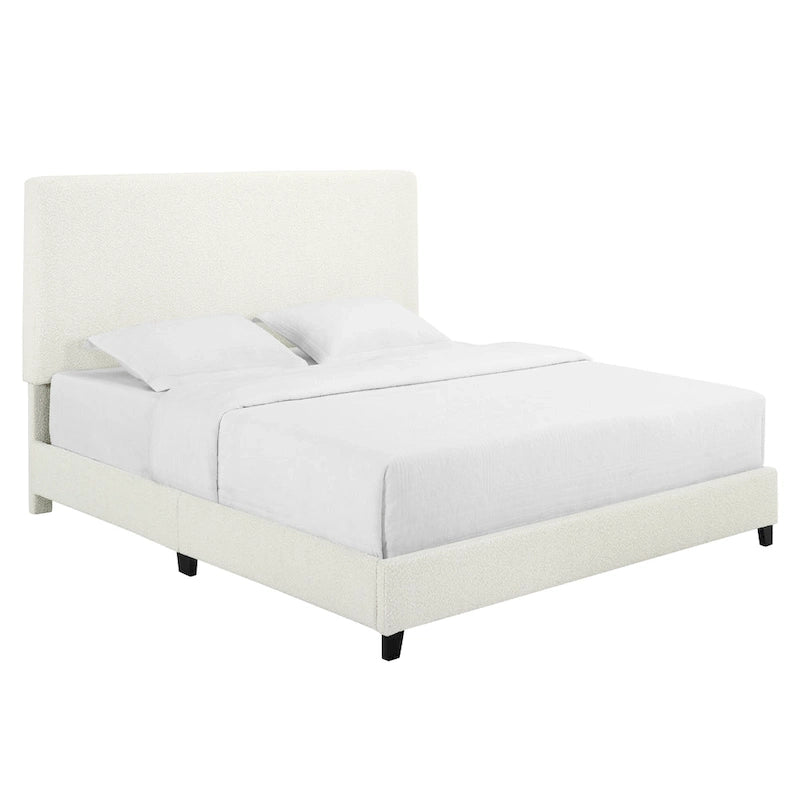 Lit plateforme avec tête de lit capitonnée en bouclette blanche haute