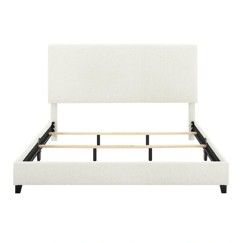 Lit plateforme avec tête de lit capitonnée en bouclette blanche haute
