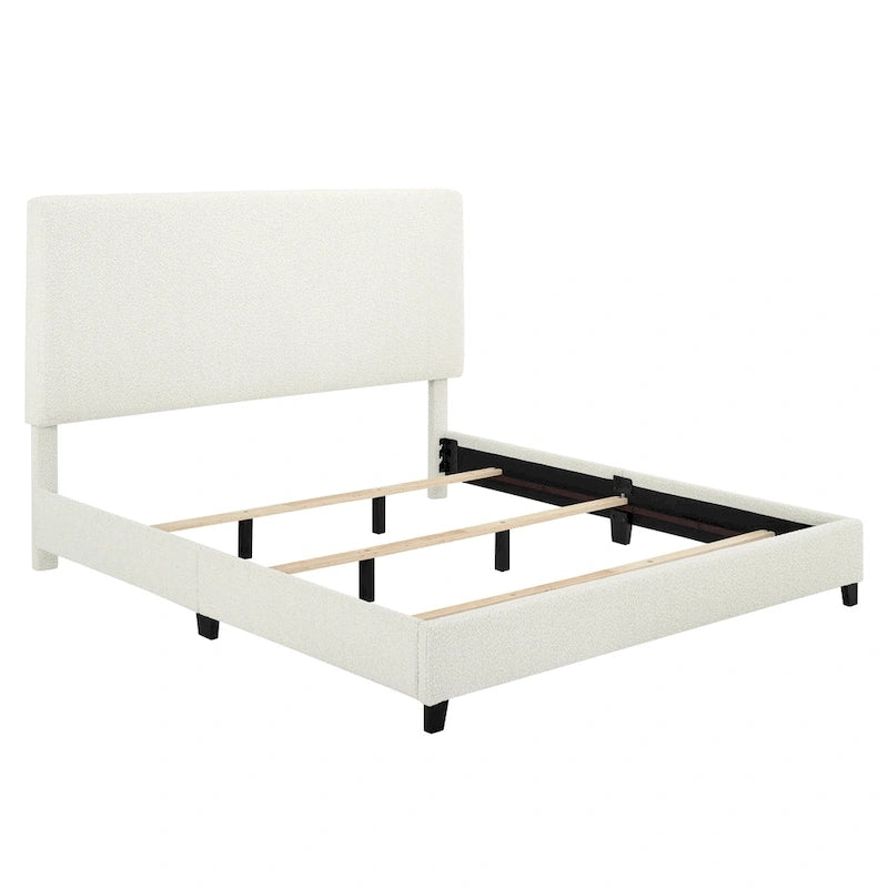 Lit plateforme avec tête de lit capitonnée en bouclette blanche haute