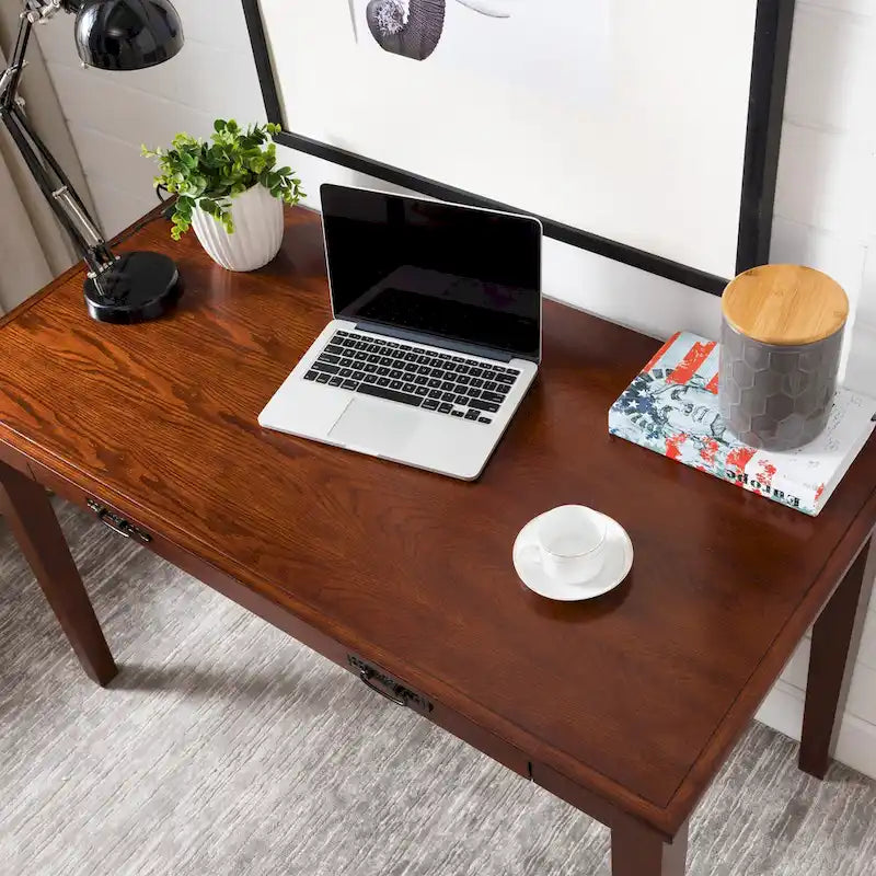 Bureau d'écriture en bois massif avec tiroir de clavier rabattable, finition chêne Mission