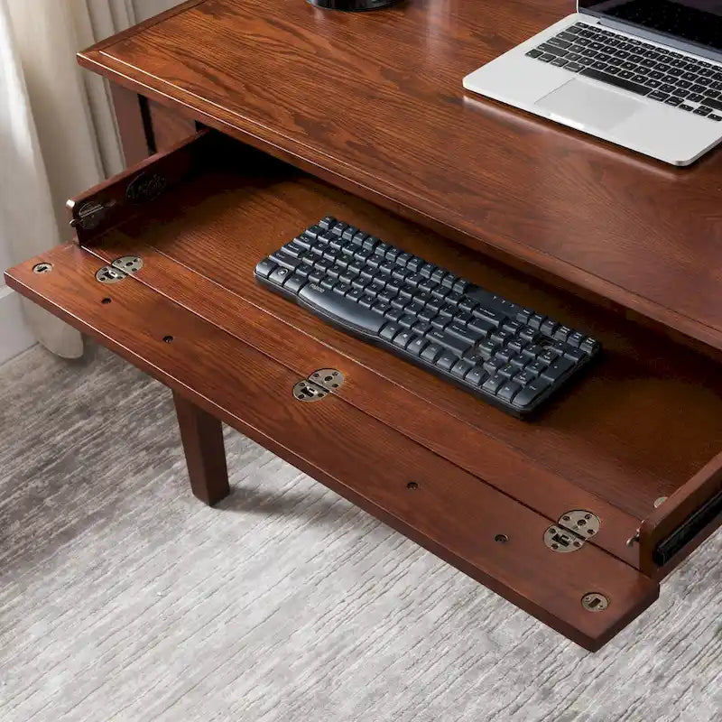 Bureau d'écriture en bois massif avec tiroir de clavier rabattable, finition chêne Mission